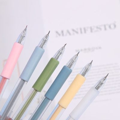 Colorful gel pens with pastel-colored grips on a white background, suitable for office and school supplies.