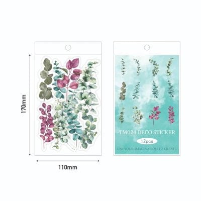 Watercolor eucalyptus leaf sticker decals for home decor, scrapbooking, and craft projects.