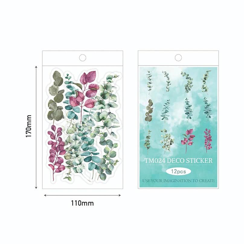Watercolor eucalyptus leaf sticker decals for home decor, scrapbooking, and craft projects.