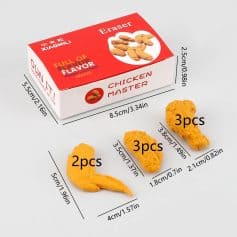Eraser-shaped chicken miniature toys with size details, ideal for novelty, collectibles, or educational purposes, displayed near a red and white box labeled 'Chicken Master' on a white background.