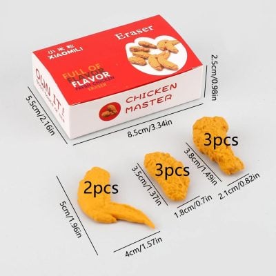Eraser-shaped chicken miniature toys with size details, ideal for novelty, collectibles, or educational purposes, displayed near a red and white box labeled'Chicken Master' on a white background.