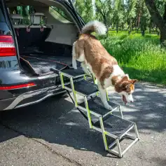 Portable dog ramp for car, foldable pet stairs for vehicle access, non-slip outdoor pet ramp for small to large dogs, ideal for travel, camping, and outdoor activities.