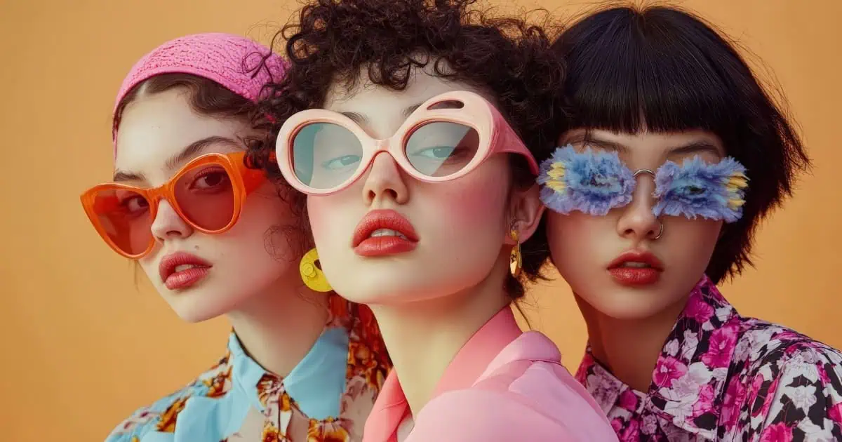 Vibrant fashion-forward women wearing stylish, colorful sunglasses showcasing trendy eyewear collection at Monalisa Store, a premier optometry and eyewear shop.