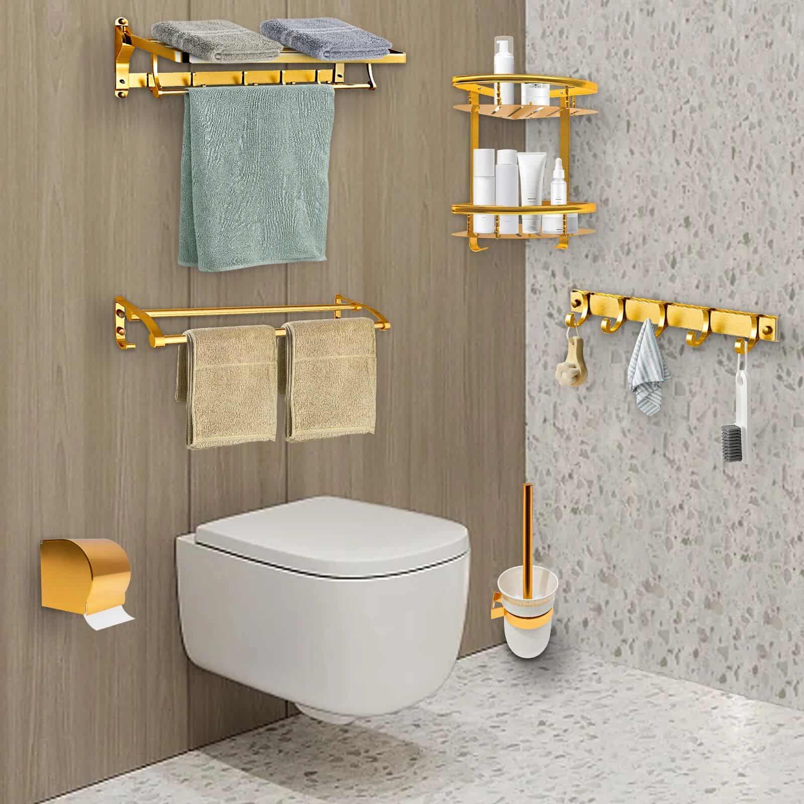 Gold Space Aluminum Bathroom Accessories Set with Towel Bar & Shelf - Image 3