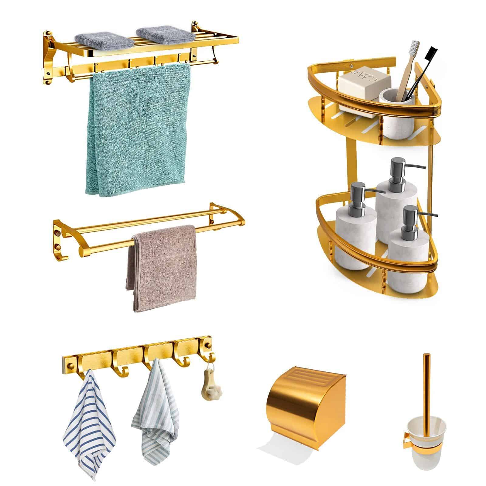 Gold Space Aluminum Bathroom Accessories Set with Towel Bar & Shelf - Image 5