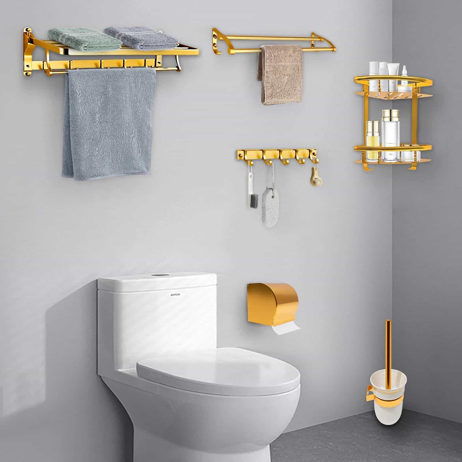 Gold Space Aluminum Bathroom Accessories Set with Towel Bar & Shelf - Image 4