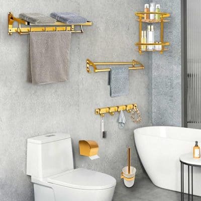 Gold Space Aluminum Bathroom Accessories Set with Towel Bar & Shelf