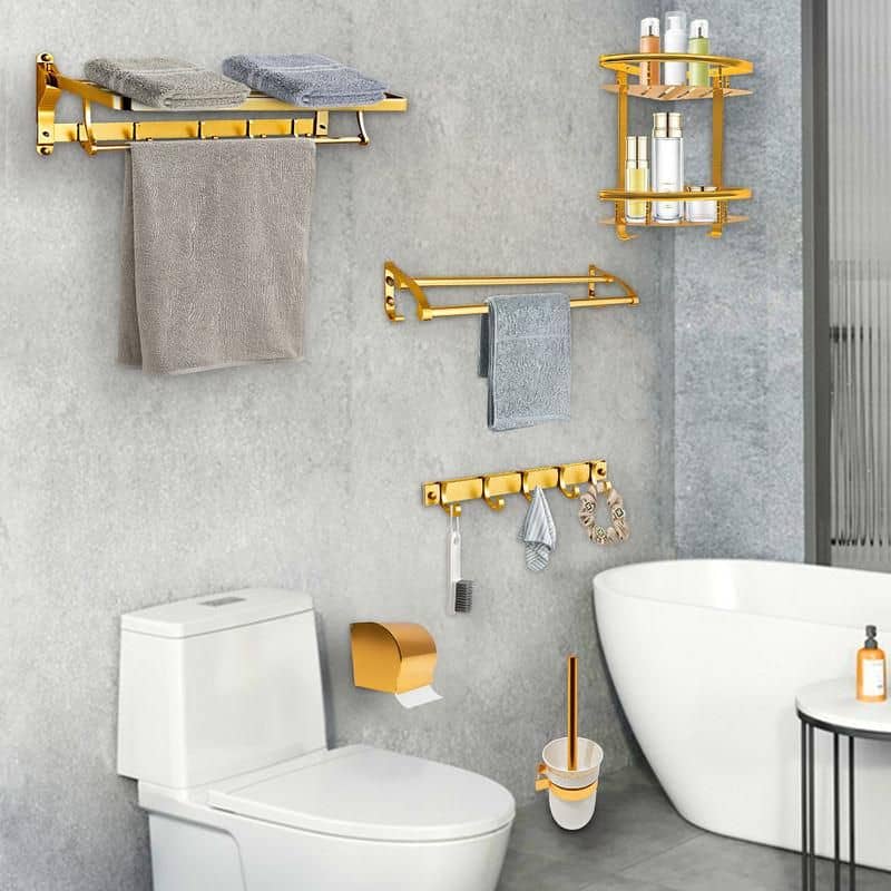 Gold Space Aluminum Bathroom Accessories Set with Towel Bar & Shelf
