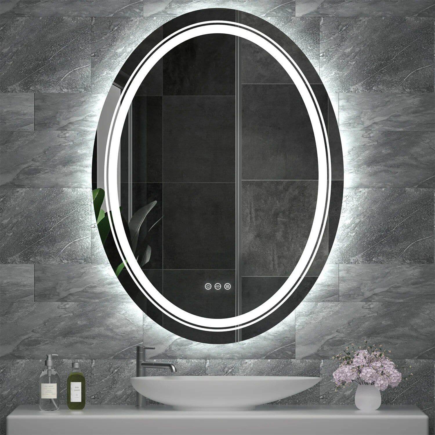 Modern Oval LED Bathroom Mirror with Dimmable Light and Demist Feature - Image 2