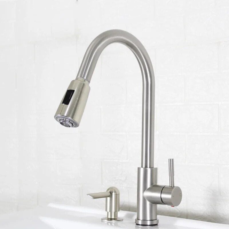 Satin Nickel Pull-Down Kitchen Sink Faucet with Soap Dispenser - Image 3