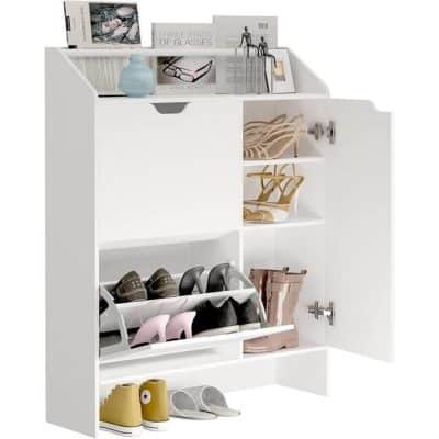 Modern White Shoe Storage Cabinet with Top Place Space and 2 Flip Drawers