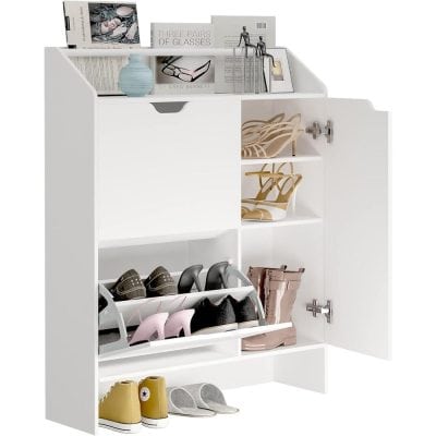 Alternative view of Modern White Shoe Storage Cabinet with Top Place Space and 2 Flip Drawers