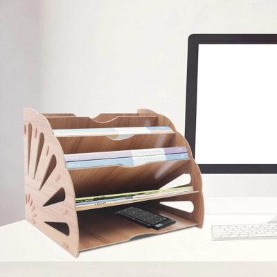 Stylish wooden desk organizer with multiple compartments for files, documents, and accessories, perfect for creating an organized workspace.