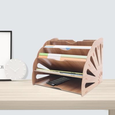 Elegant wooden desk organizer for office or home, featuring multiple compartments for books, magazines, tablets, and stationery storage. Stylish and functional for better workspace management.