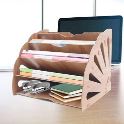 Efficient desk organizer with file compartments for organizing office documents, stamps, notebooks, and stationery. Ideal for a tidy, professional workspace to enhance productivity.