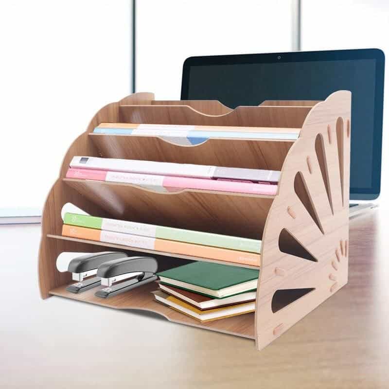 Efficient desk organizer with file compartments for organizing office documents, stamps, notebooks, and stationery. Ideal for a tidy, professional workspace to enhance productivity.