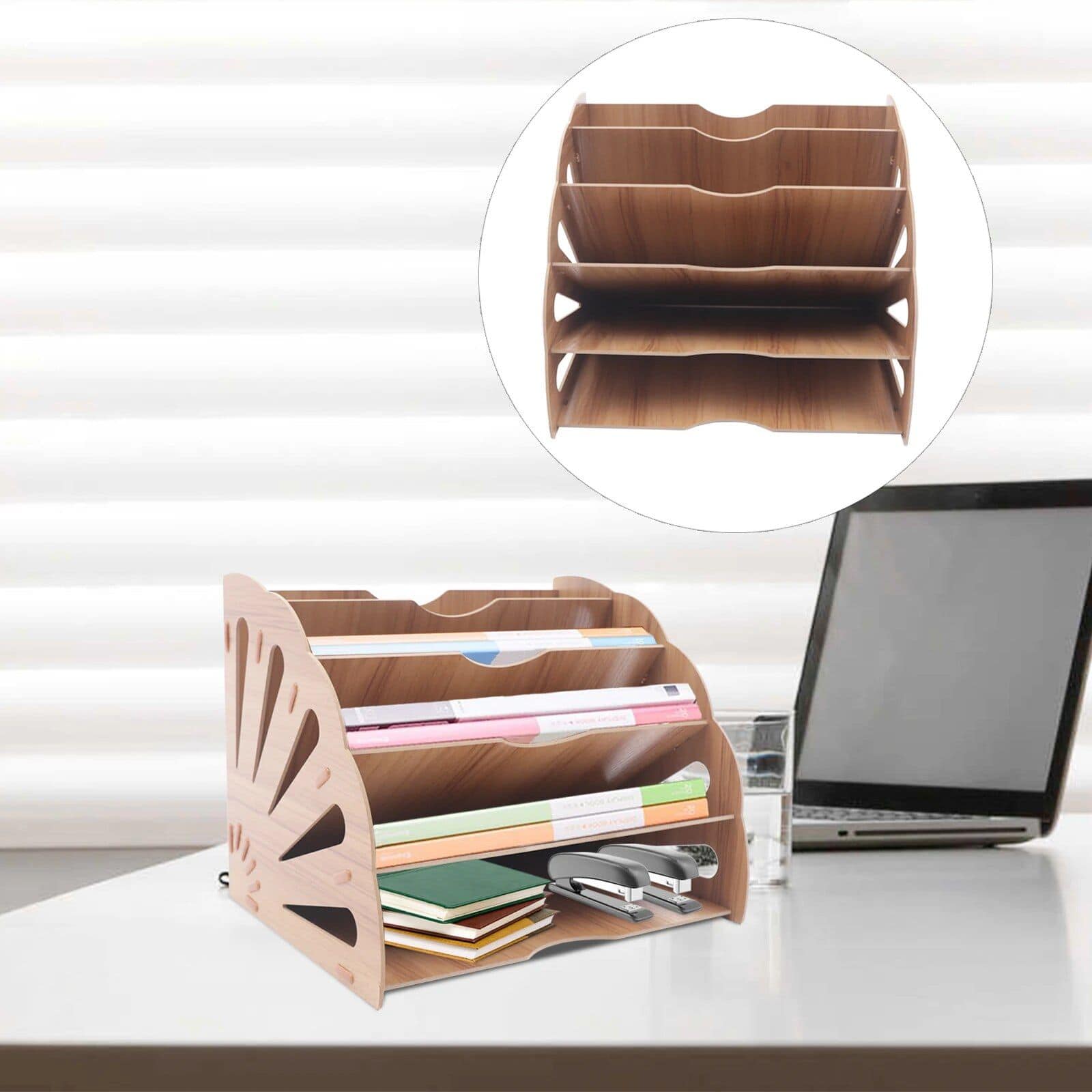 Elegant wooden desk organizer designed for storing books, files, stationery, and office tools efficiently. Ideal for maintaining a tidy workspace with easy access to essentials.
