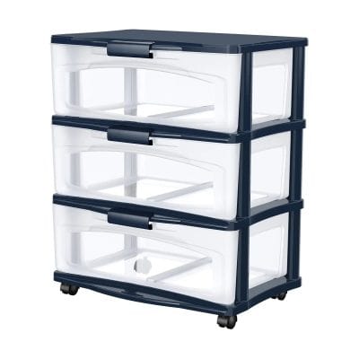 Optical accessories storage cart with three white transparent drawers, ideal for organizing optical equipment, lenses, and eyeglasses in eye care clinics and optical stores.