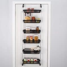 High-quality kitchen storage rack with black baskets for organizing pantry items and groceries efficiently.