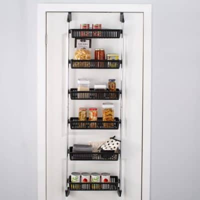 High-quality kitchen storage rack with black baskets for organizing pantry items and groceries efficiently.