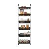 Multi-tier black storage rack for kitchen organized with jars, cans, and pantry essentials, ideal for optimizing space and maintaining order in your kitchen or pantry.