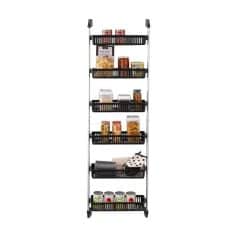 Multi-tier black storage rack for kitchen organized with jars, cans, and pantry essentials, ideal for optimizing space and maintaining order in your kitchen or pantry.