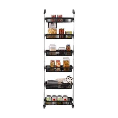 Multi-tier black storage rack for kitchen organized with jars, cans, and pantry essentials, ideal for optimizing space and maintaining order in your kitchen or pantry.