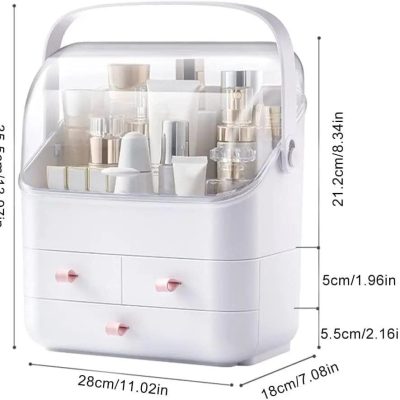Clear acrylic cosmetic storage case with drawers, ideal for skincare, makeup, and beauty tools. Compact design with dimensions for easy organization of vanity essentials.