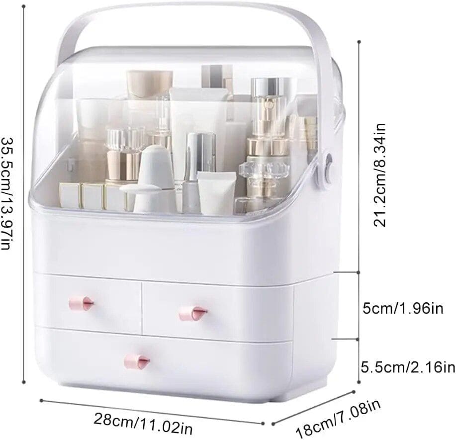 Clear acrylic cosmetic storage case with drawers, ideal for skincare, makeup, and beauty tools. Compact design with dimensions for easy organization of vanity essentials.
