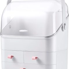 Clear view of an eye clinic storage unit with drawers and a glass top for optometry tools.