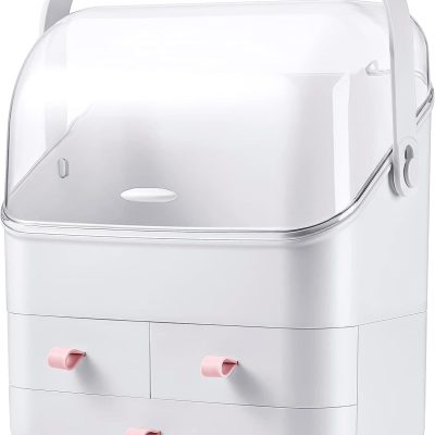 Clear view of an eye clinic storage unit with drawers and a glass top for optometry tools.