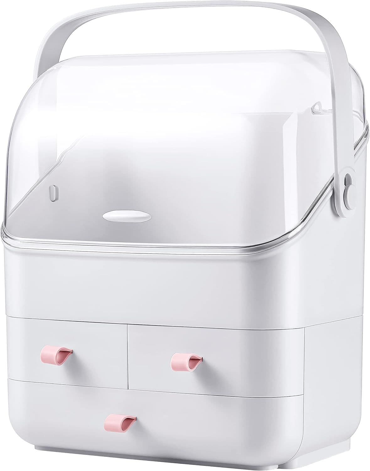 Clear view of an eye clinic storage unit with drawers and a glass top for optometry tools.