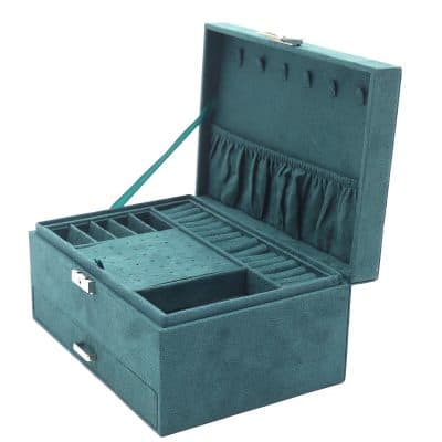 Elegant jewelry organizer box with multiple compartments, soft fabric lining, and secure lock for safe storage of jewelry and accessories. Perfect for keeping valuables organized and preserved.