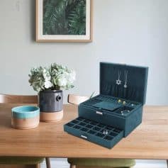 Versatile jewelry and eyewear organizer box with compartments for rings, necklaces, earrings, and glasses, perfect for keeping your accessories organized and protected.