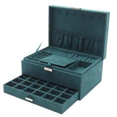 High-quality blue velvet jewelry storage box with multiple compartments and a secure latch. Perfect for organizing rings, earrings, and necklaces with elegant interior pockets.