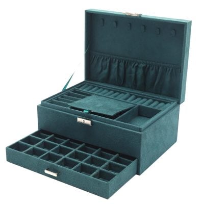 High-quality blue velvet jewelry storage box with multiple compartments and a secure latch. Perfect for organizing rings, earrings, and necklaces with elegant interior pockets.