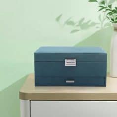 High-quality blue jewelry and accessories storage box ideal for optometrists and optical stores, featuring secure locking mechanism and sleek design for professional use.