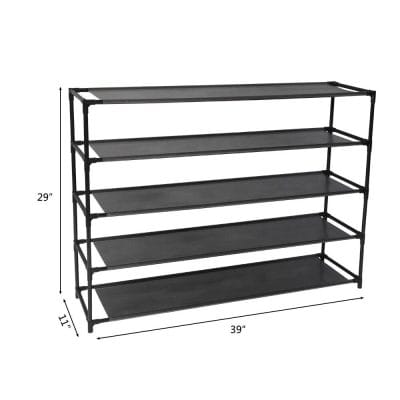 High-capacity shoe organizer, black metal shelving unit with five tiers, 39-in x 11-in x 29-in, perfect for entryways, closets, and shoe shops. Durable and easy to assemble.