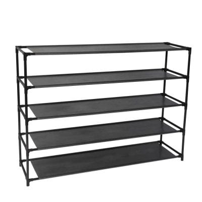 Durable black shelving unit for versatile storage solutions in home, office, or retail spaces. Perfect for organizing shoes, supplies, and more with sturdy metal frame and multiple levels.