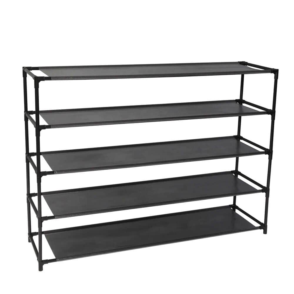 Durable black shelving unit for versatile storage solutions in home, office, or retail spaces. Perfect for organizing shoes, supplies, and more with sturdy metal frame and multiple levels.