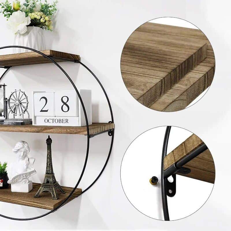 Stylish wooden wall shelf with black metal frame, perfect for opt stores and interior decor. Durable wood and sleek design elevate your space with functional storage and aesthetic appeal.