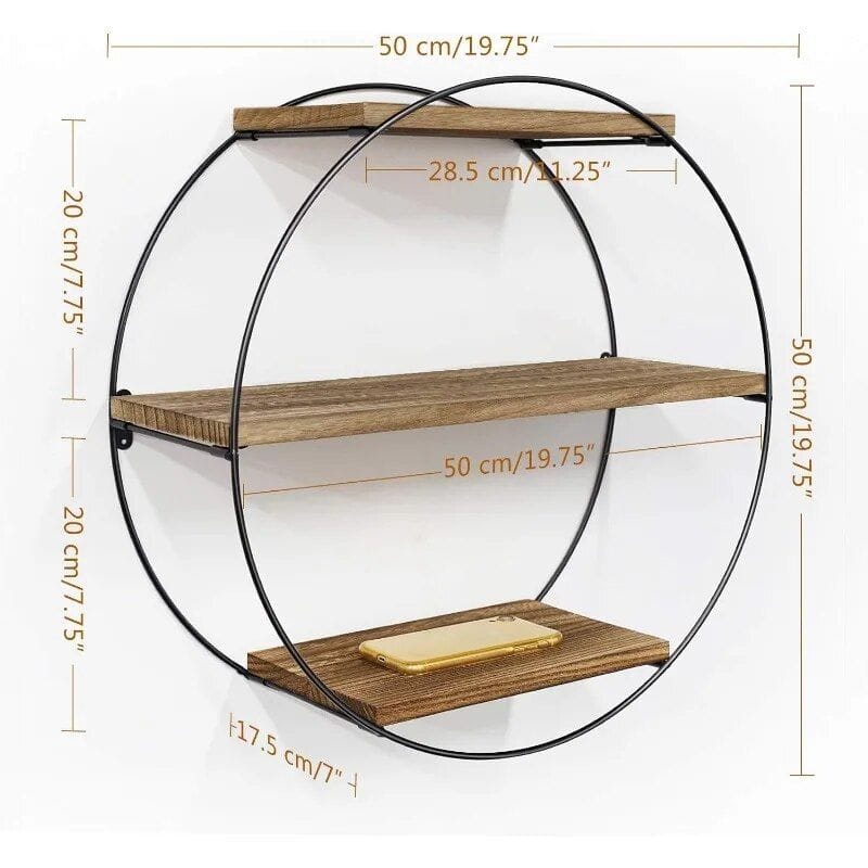 Stylish round wall shelf with metal frame and wooden shelves, ideal for organizing space or decorative displays in living rooms or kitchens.