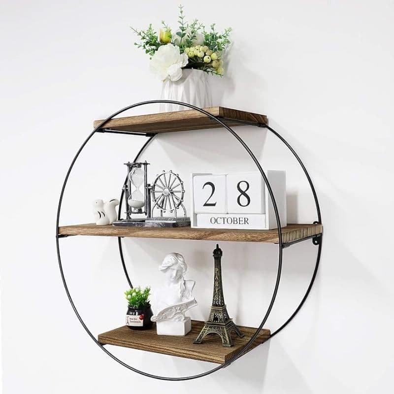 Stylish round wall shelf featuring wood and metal design, ideal for displaying decorative items, clocks, and plants, perfect for enhancing living room or bedroom decor.