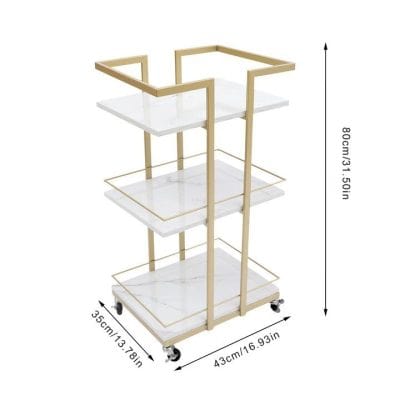 High-quality gold and white rolling bar cart ideal for homes and businesses, featuring multiple tiers for beverages and accessories, and smooth-rolling casters for easy mobility.