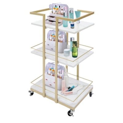 Portable beauty cart with skincare products, serums, and cosmetics storage, ideal for professional salons and at-home beauty routines.