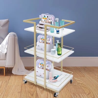 A stylish medical beauty cart filled with skincare and cosmetic products, including serums, creams, and bottles, ideal for optimal skincare treatment and cosmetic procedures.