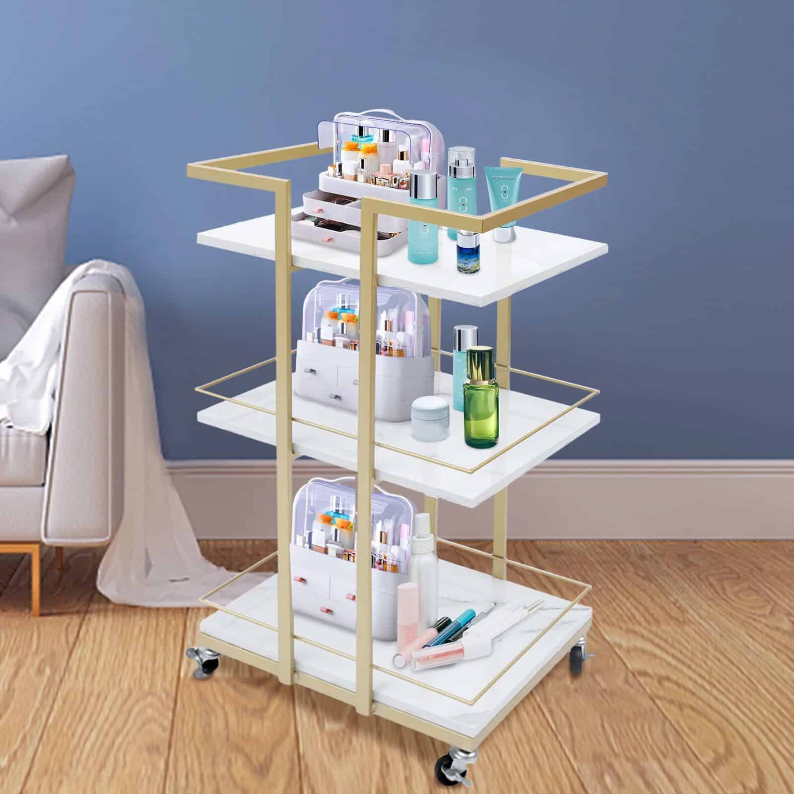 A stylish medical beauty cart filled with skincare and cosmetic products, including serums, creams, and bottles, ideal for optimal skincare treatment and cosmetic procedures.