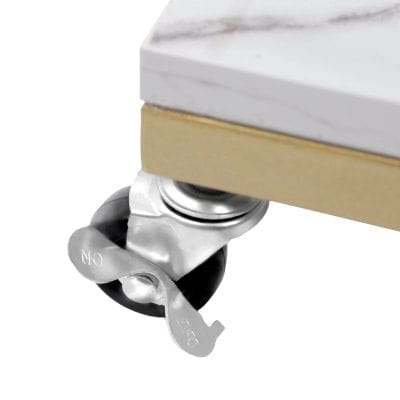 A close-up of a smooth-rolling castor wheel attached to a medical or beauty equipment trolley, emphasizing quality and durability for clinic or spa settings.