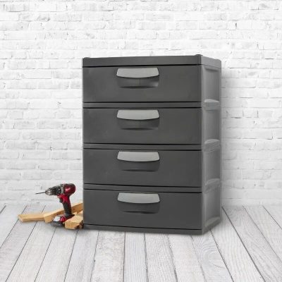 Durable grey plastic locker for office or home organization. Features four spacious drawers with ergonomic handles, ideal for storing eyewear accessories or small items. Compact and sturdy design.