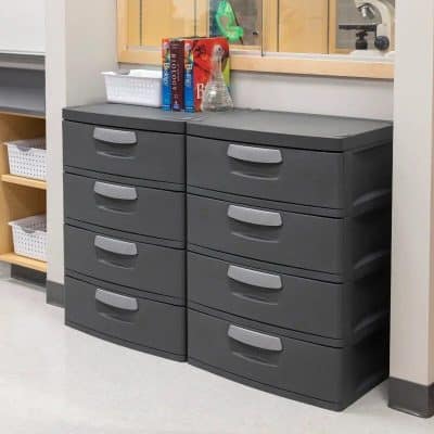 Dark gray plastic storage drawers with ergonomic handles, ideal for organizing medical supplies in healthcare settings, clinics, and hospitals.